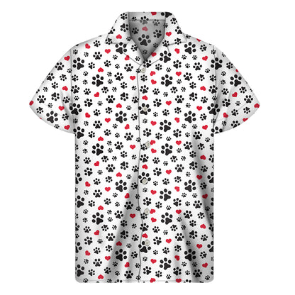Black Paw And Heart Pattern Print Men's Short Sleeve Shirt