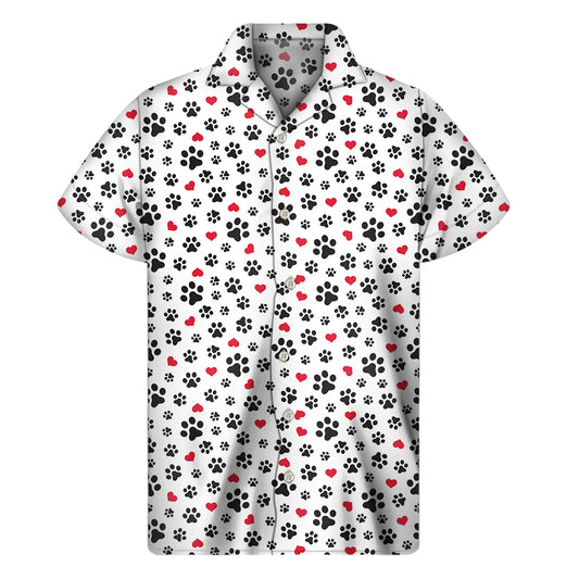 Black Paw And Heart Pattern Print Men's Short Sleeve Shirt