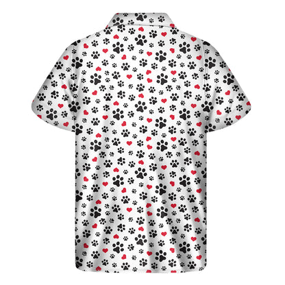 Black Paw And Heart Pattern Print Men's Short Sleeve Shirt