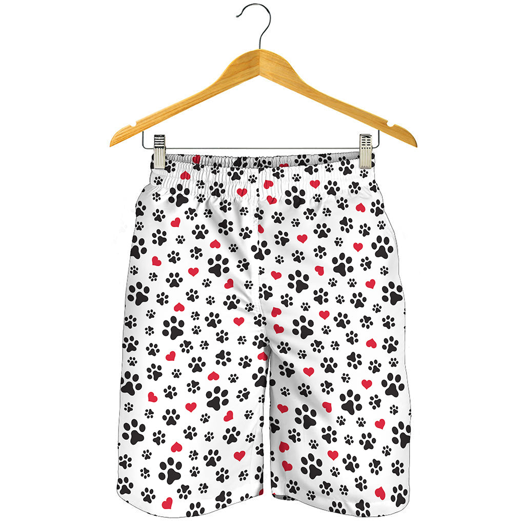 Black Paw And Heart Pattern Print Men's Shorts