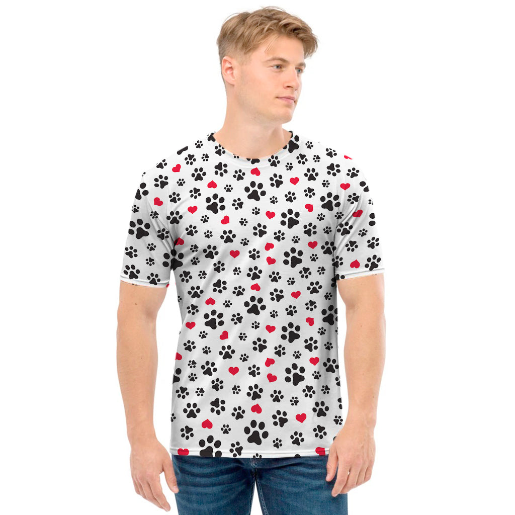 Black Paw And Heart Pattern Print Men's T-Shirt