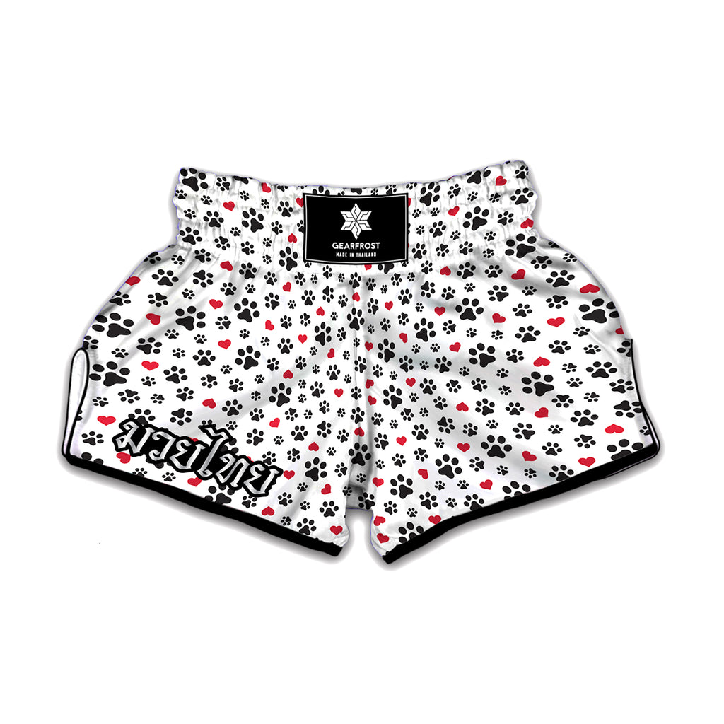 Black Paw And Heart Pattern Print Muay Thai Boxing Shorts