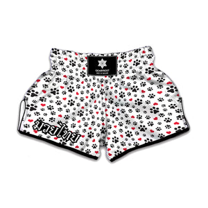 Black Paw And Heart Pattern Print Muay Thai Boxing Shorts