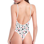 Black Paw And Heart Pattern Print One Piece High Cut Swimsuit