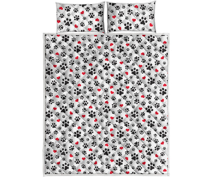 Black Paw And Heart Pattern Print Quilt Bed Set
