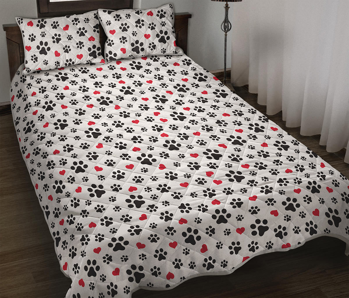 Black Paw And Heart Pattern Print Quilt Bed Set