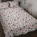 Black Paw And Heart Pattern Print Quilt Bed Set