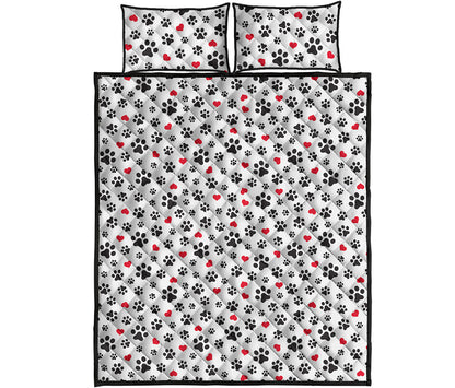 Black Paw And Heart Pattern Print Quilt Bed Set