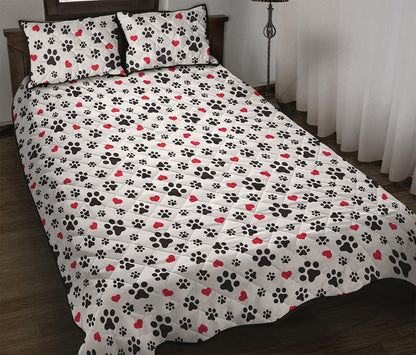 Black Paw And Heart Pattern Print Quilt Bed Set