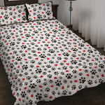 Black Paw And Heart Pattern Print Quilt Bed Set