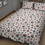 Black Paw And Heart Pattern Print Quilt Bed Set
