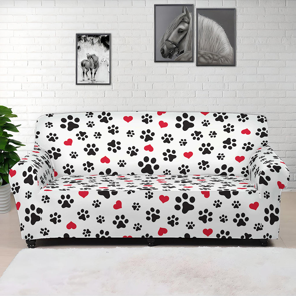 Black Paw And Heart Pattern Print Sofa Cover