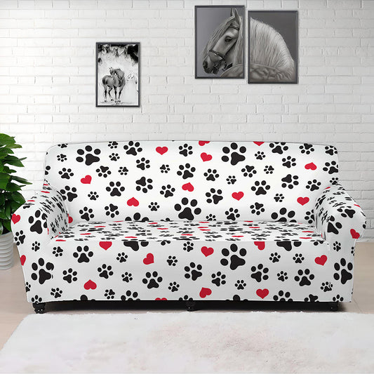 Black Paw And Heart Pattern Print Sofa Cover