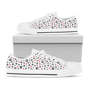 Black Paw And Heart Pattern Print White Low Top Shoes