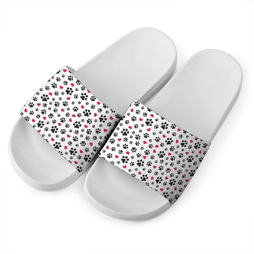 Black Paw And Heart Pattern Print White Slide Sandals