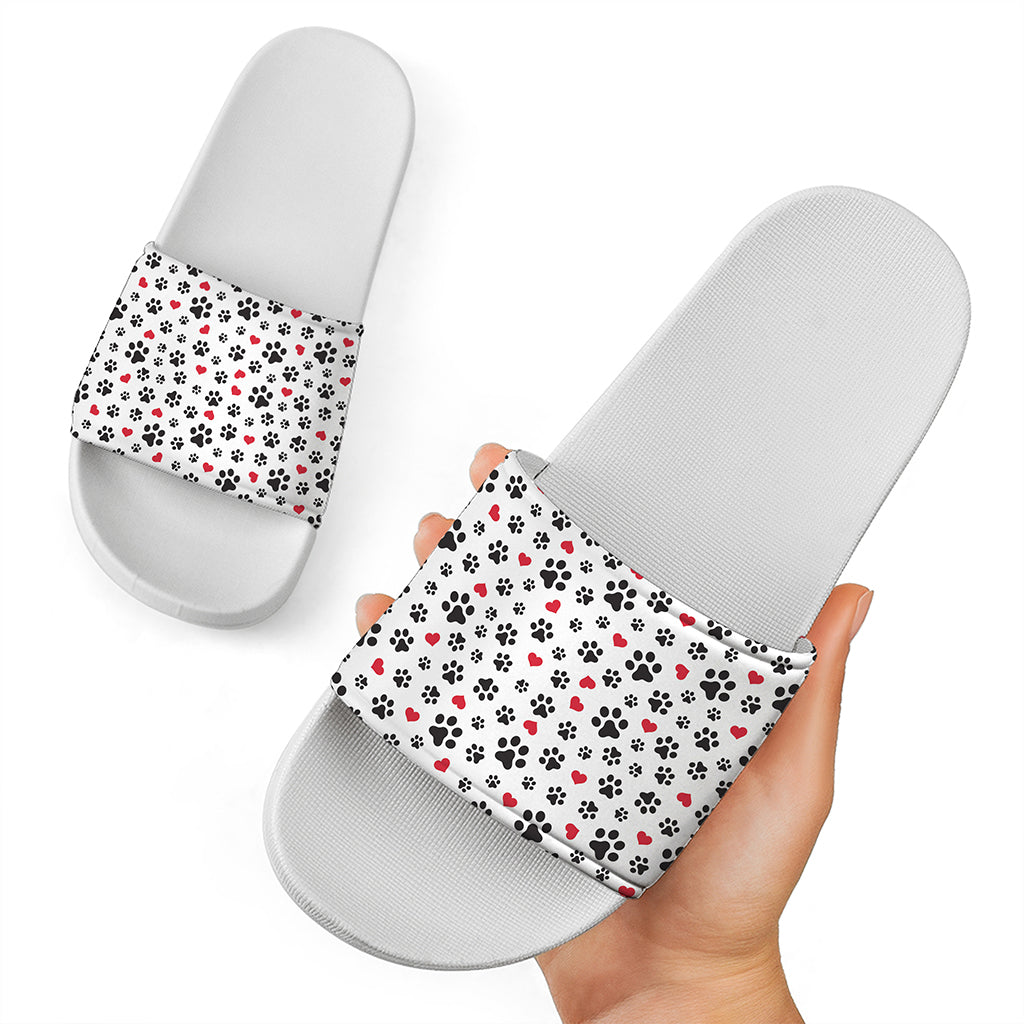 Black Paw And Heart Pattern Print White Slide Sandals