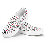 Black Paw And Heart Pattern Print White Slip On Shoes