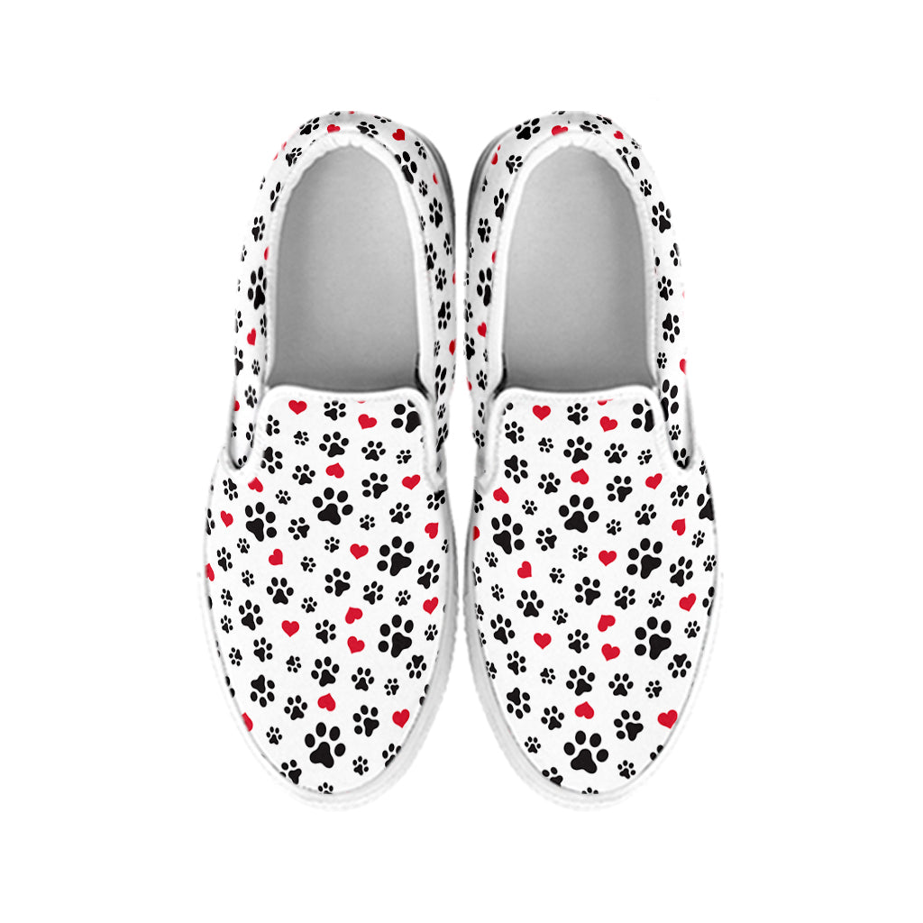 Black Paw And Heart Pattern Print White Slip On Shoes