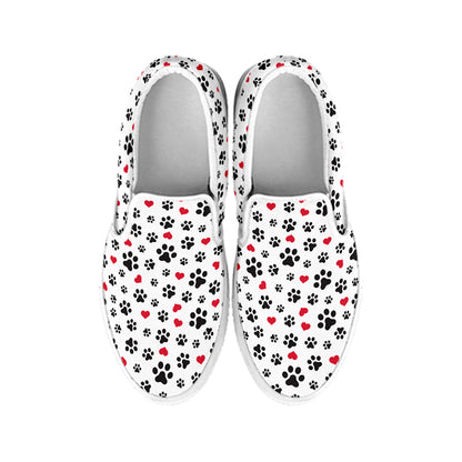 Black Paw And Heart Pattern Print White Slip On Shoes