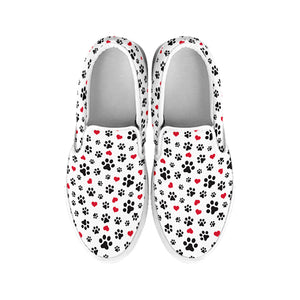 Black Paw And Heart Pattern Print White Slip On Shoes