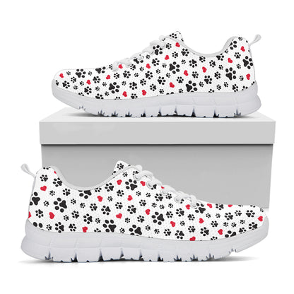 Black Paw And Heart Pattern Print White Sneakers