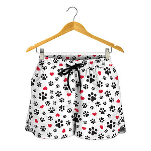 Black Paw And Heart Pattern Print Women's Shorts