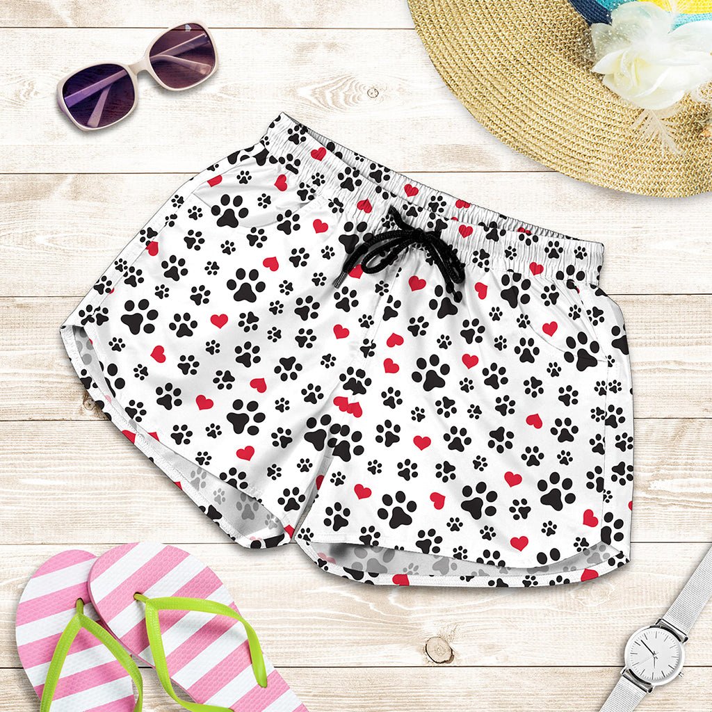 Black Paw And Heart Pattern Print Women's Shorts