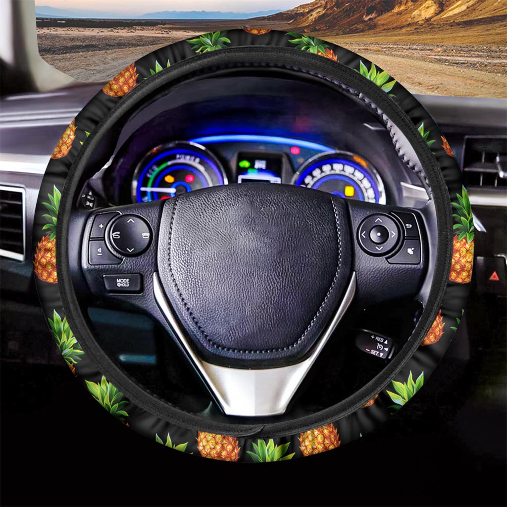 Black Pineapple Pattern Print Car Steering Wheel Cover