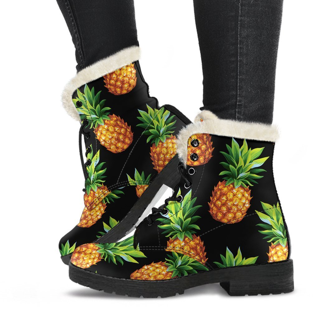 Black Pineapple Pattern Print Comfy Boots GearFrost