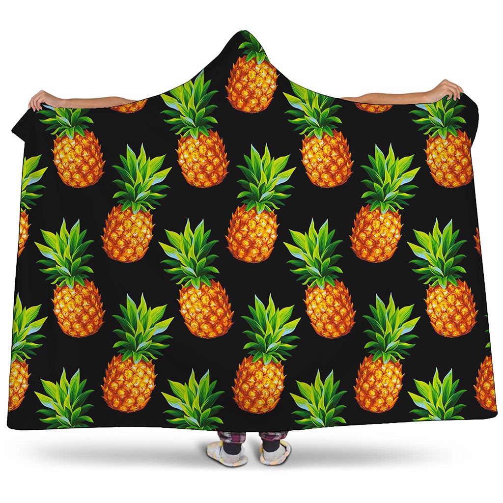 Black Pineapple Pattern Print Hooded Blanket