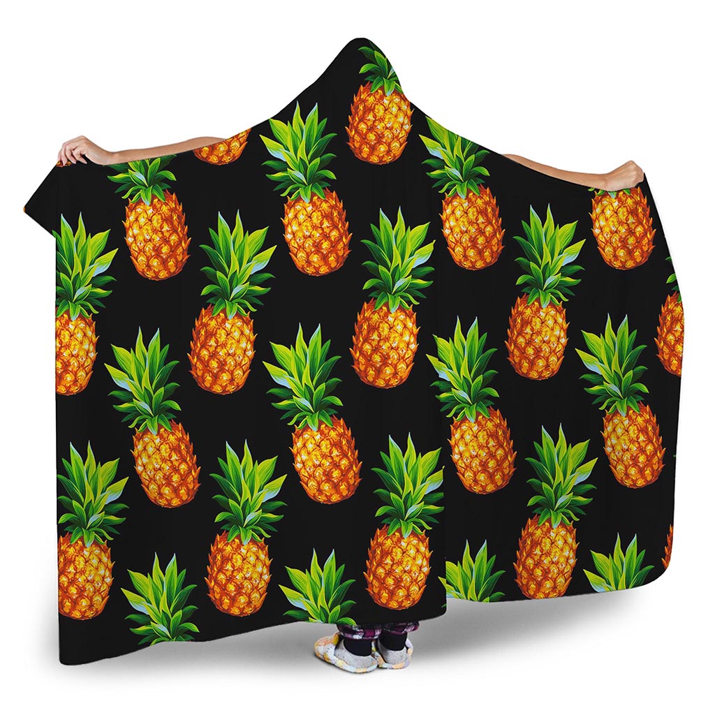 Black Pineapple Pattern Print Hooded Blanket