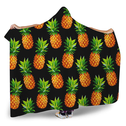 Black Pineapple Pattern Print Hooded Blanket