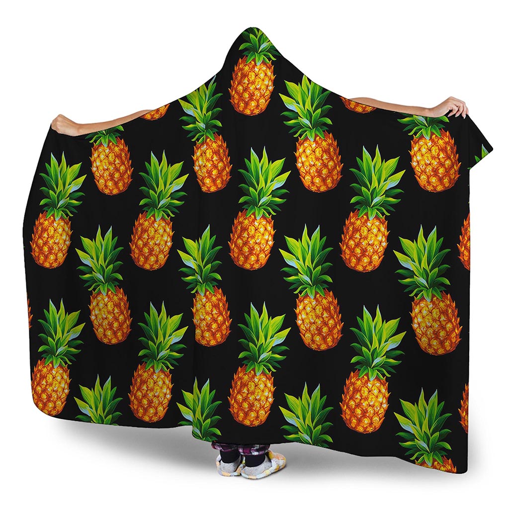 Black Pineapple Pattern Print Hooded Blanket