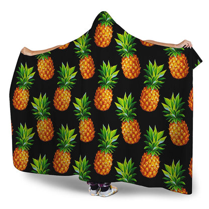 Black Pineapple Pattern Print Hooded Blanket