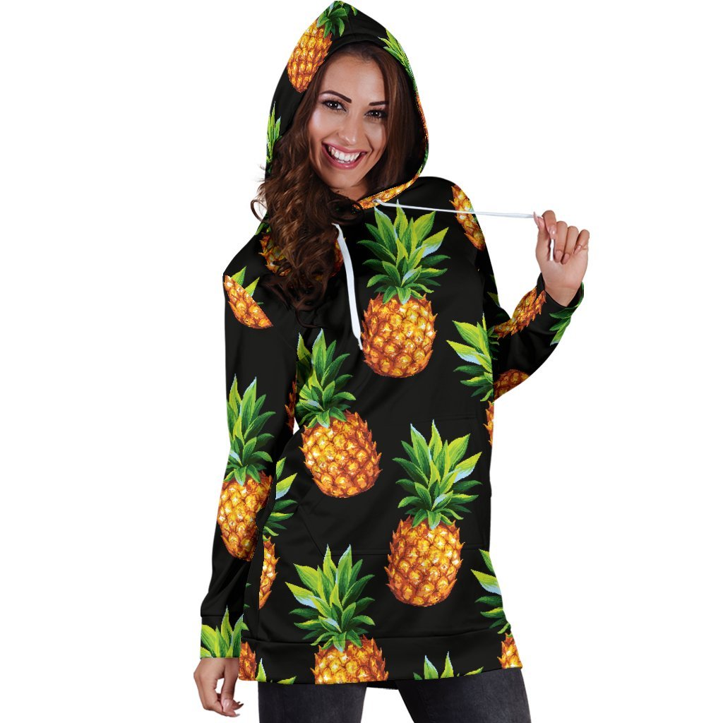 Black Pineapple Pattern Print Hoodie Dress GearFrost