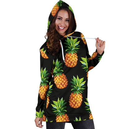 Black Pineapple Pattern Print Hoodie Dress GearFrost