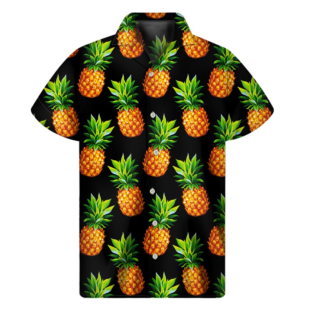 Black Pineapple Pattern Print Men's Short Sleeve Shirt