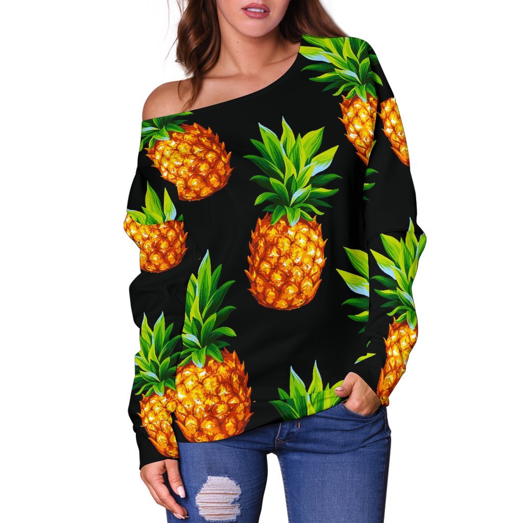 Black Pineapple Pattern Print Off Shoulder Sweatshirt GearFrost
