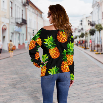 Black Pineapple Pattern Print Off Shoulder Sweatshirt GearFrost