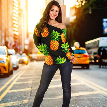 Black Pineapple Pattern Print Off Shoulder Sweatshirt GearFrost