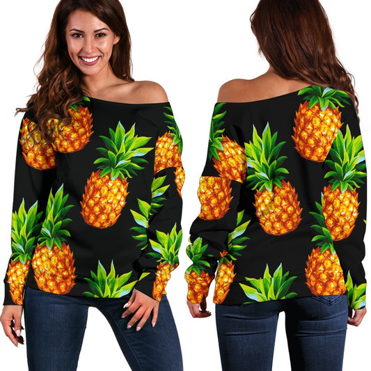 Black Pineapple Pattern Print Off Shoulder Sweatshirt GearFrost