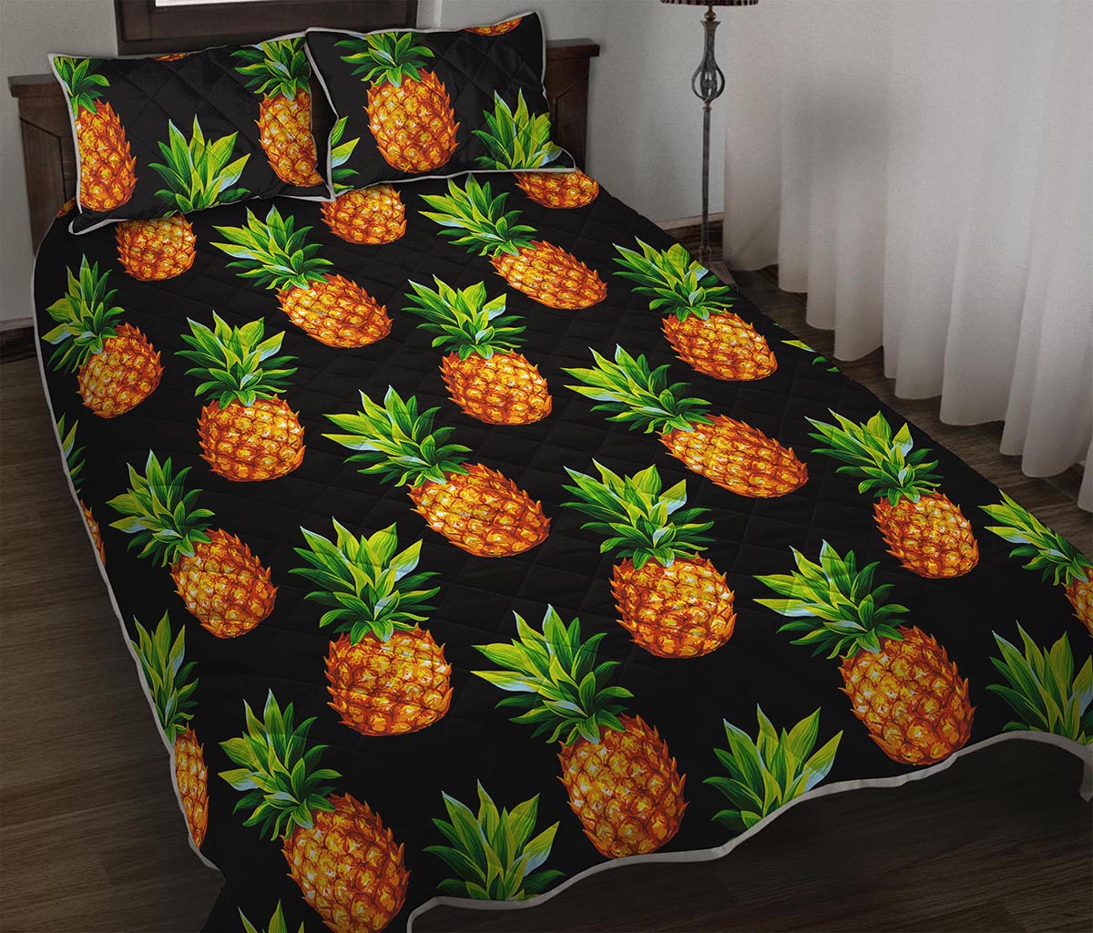 Black Pineapple Pattern Print Quilt Bed Set