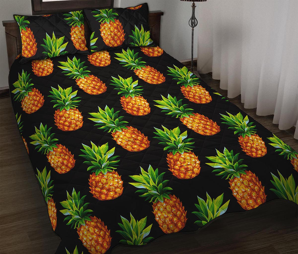 Black Pineapple Pattern Print Quilt Bed Set