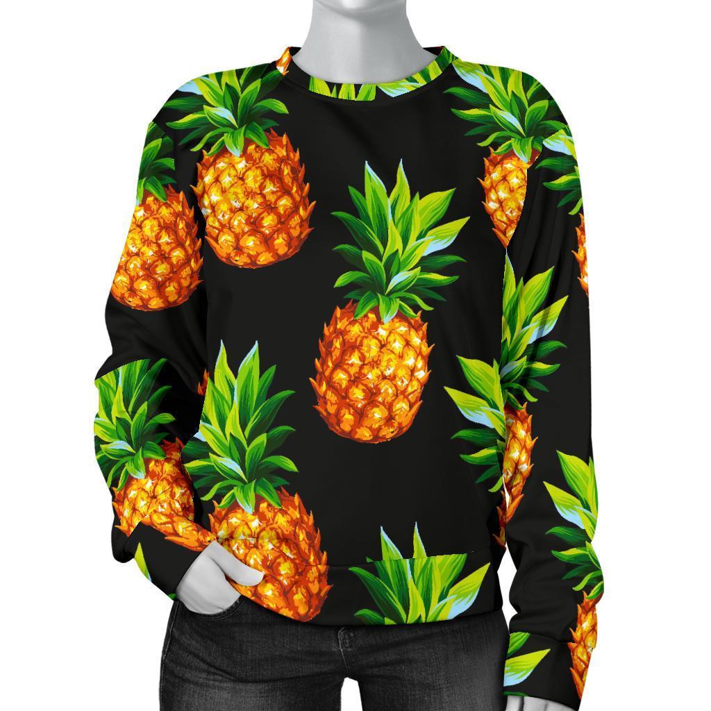 Black Pineapple Pattern Print Women's Crewneck Sweatshirt GearFrost