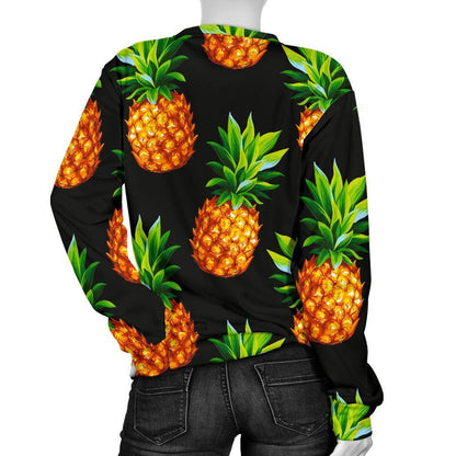 Black Pineapple Pattern Print Women's Crewneck Sweatshirt GearFrost