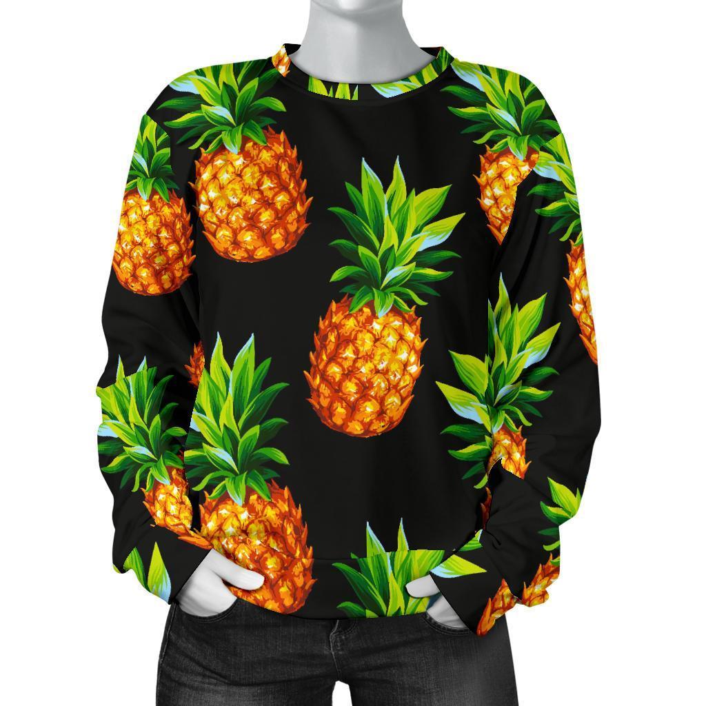 Black Pineapple Pattern Print Women's Crewneck Sweatshirt GearFrost