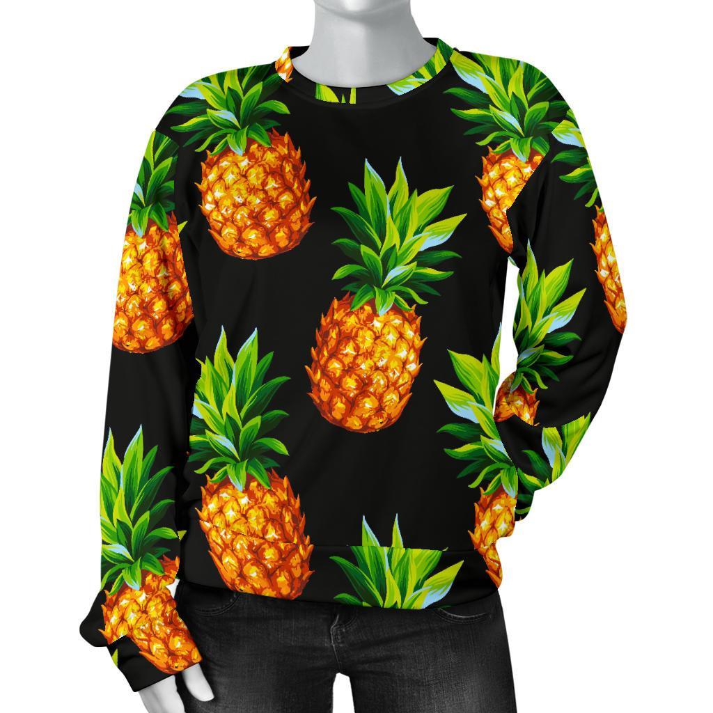 Black Pineapple Pattern Print Women's Crewneck Sweatshirt GearFrost