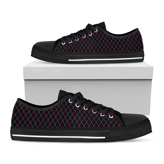 Black Pink And Blue Argyle Pattern Print Black Low Top Shoes