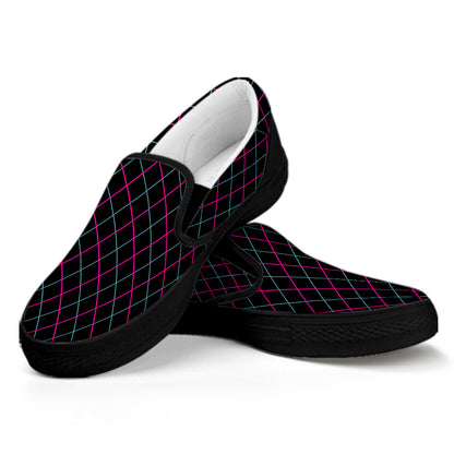 Black Pink And Blue Argyle Pattern Print Black Slip On Shoes