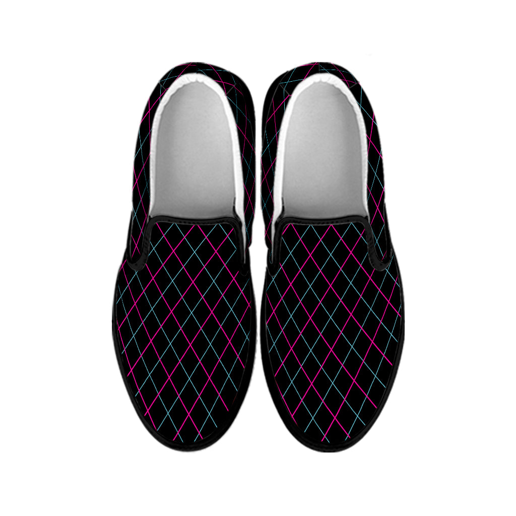 Black Pink And Blue Argyle Pattern Print Black Slip On Shoes